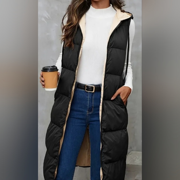 Black Zip Up Puffer Vest Hoodie With Pockets - Picture 2 of 6